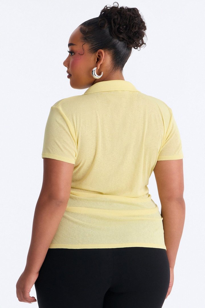 Jenn Textured Button Up Ruched Short Sleeve Shirt - Butter Yellow