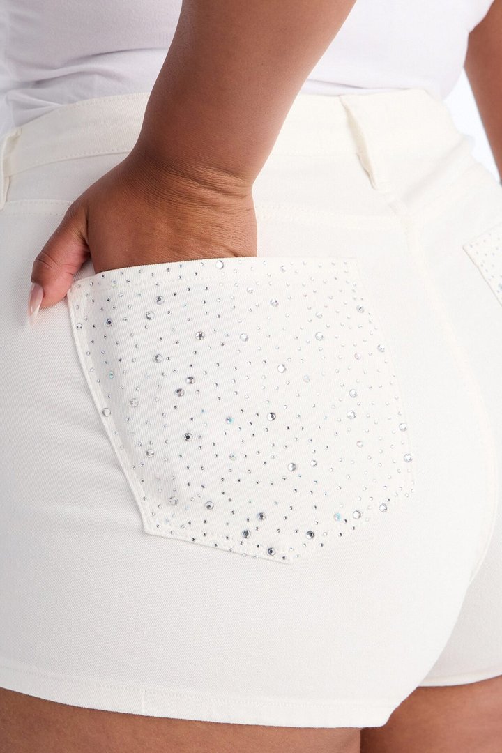 Silver Smoke Embellished Denim Shorts - White