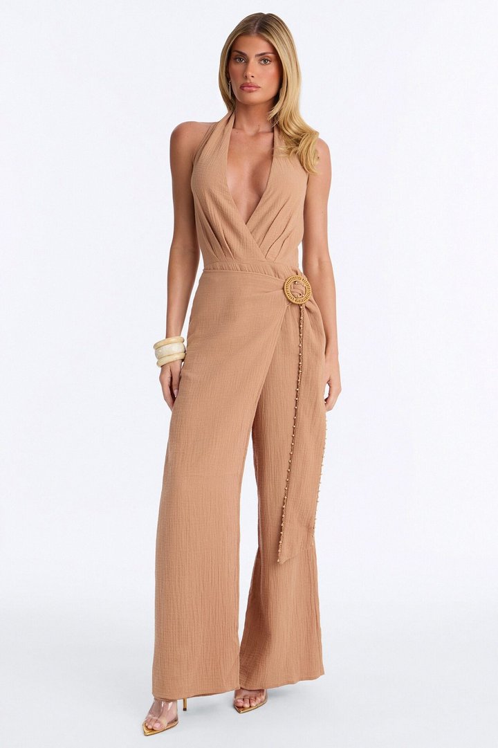 Drift With Me Halter Airflow Jumpsuit - Tan
