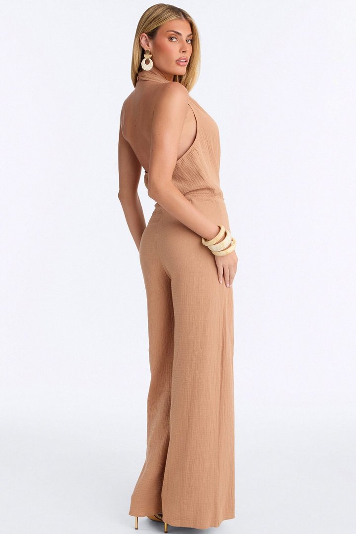 Drift With Me Halter Airflow Jumpsuit - Tan