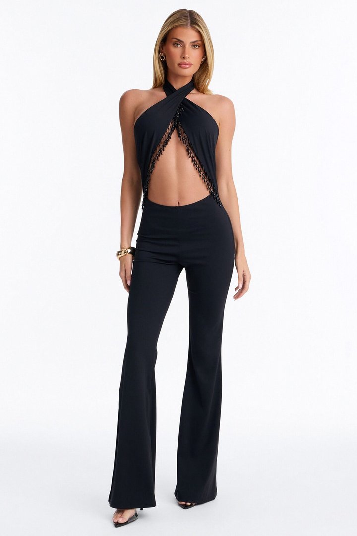 Nelcie Halter Beaded Wide Leg Jumpsuit - Black