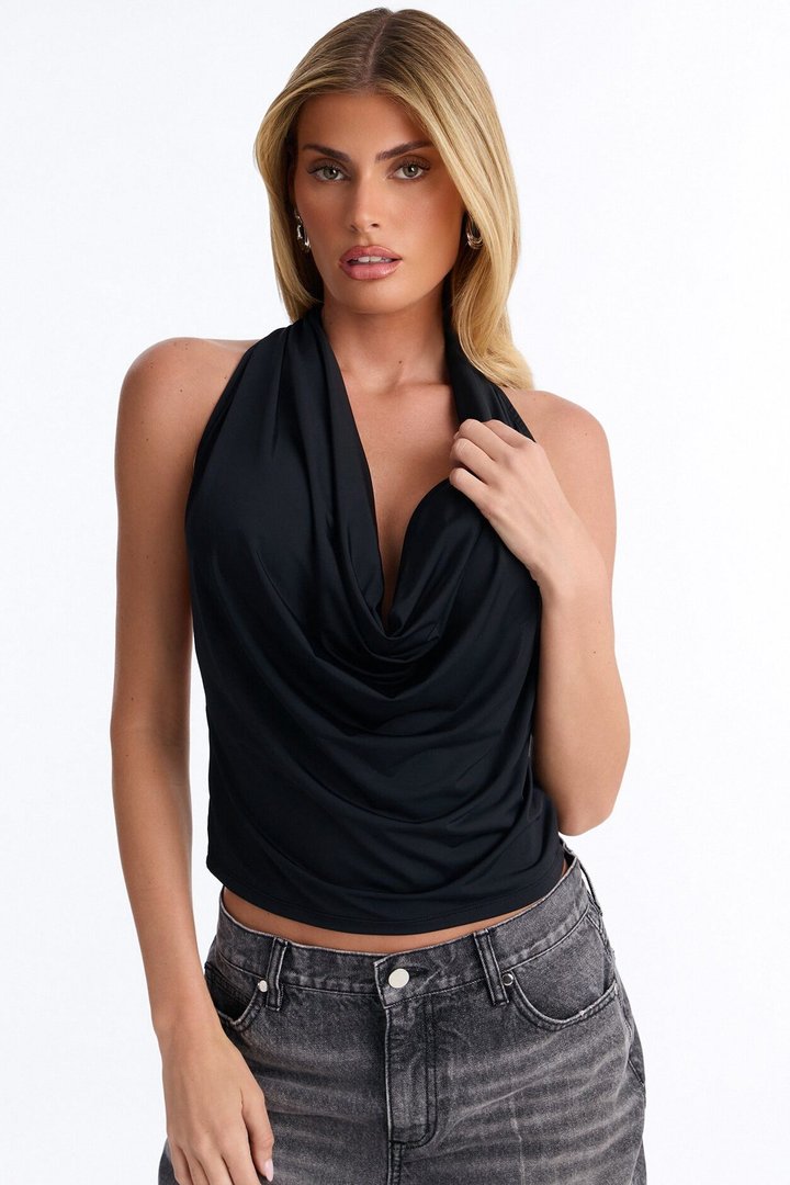 Sabrina O-Ring Cowl Neck Halter Top - Black