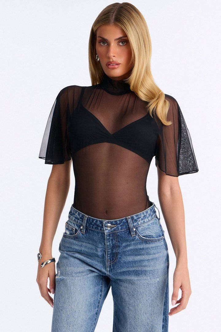 Natalie Mesh Mock Neck Ruffle Sleeve Bodysuit - Black