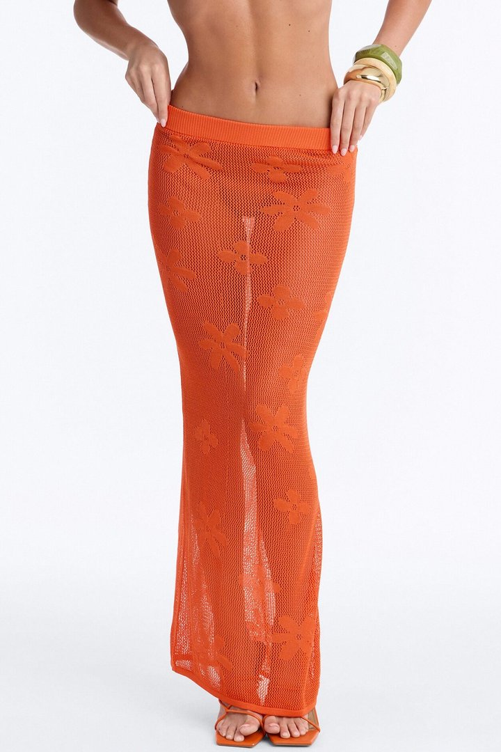 Living In Paradise Floral Embroidered Crochet Maxi Skirt - Orange