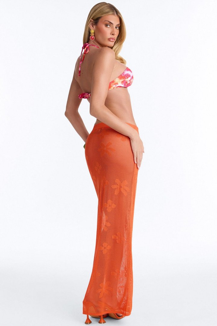 Living In Paradise Floral Embroidered Crochet Maxi Skirt - Orange