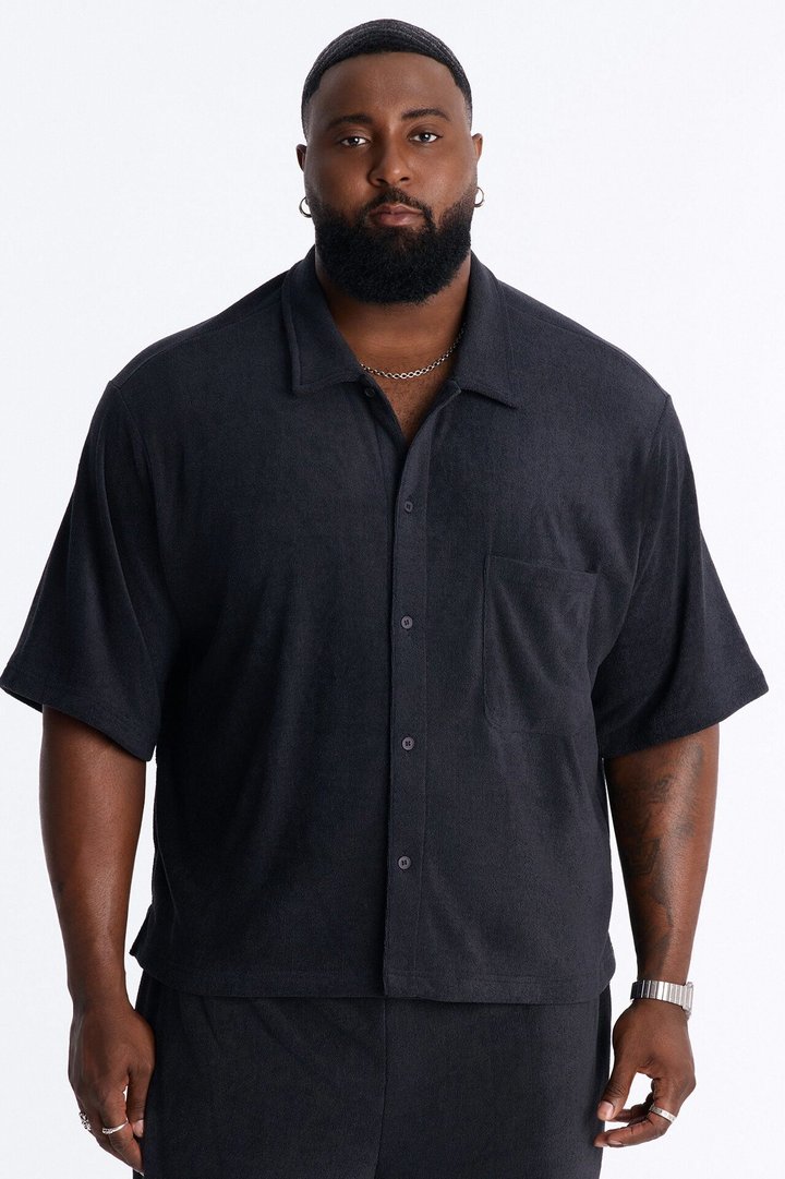 Classic Terry Cloth Button Up Shirt - Black