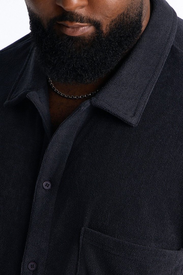 Classic Terry Cloth Button Up Shirt - Black