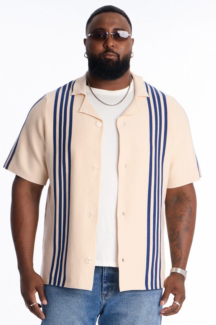 Sunday Jazz Stripe Cuban Collar Button Up Shirt - Cream/combo