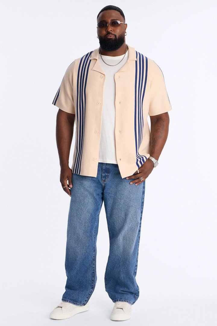Sunday Jazz Stripe Cuban Collar Button Up Shirt - Cream/combo