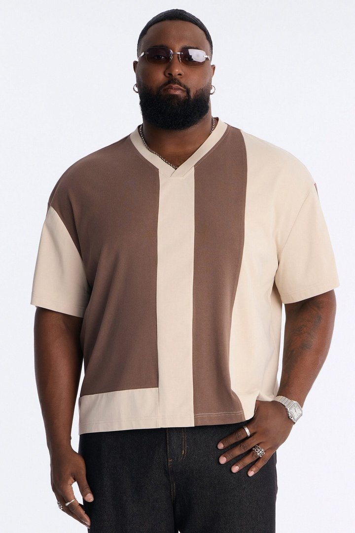 Loose Fit Ribbed Panel Jersey - Brown/combo
