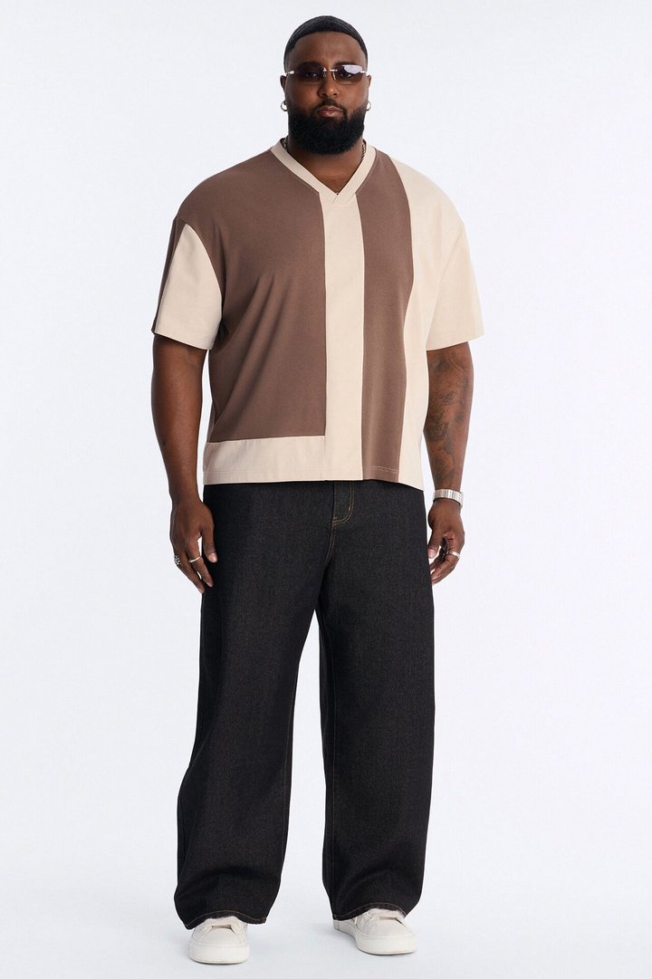 Loose Fit Ribbed Panel Jersey - Brown/combo