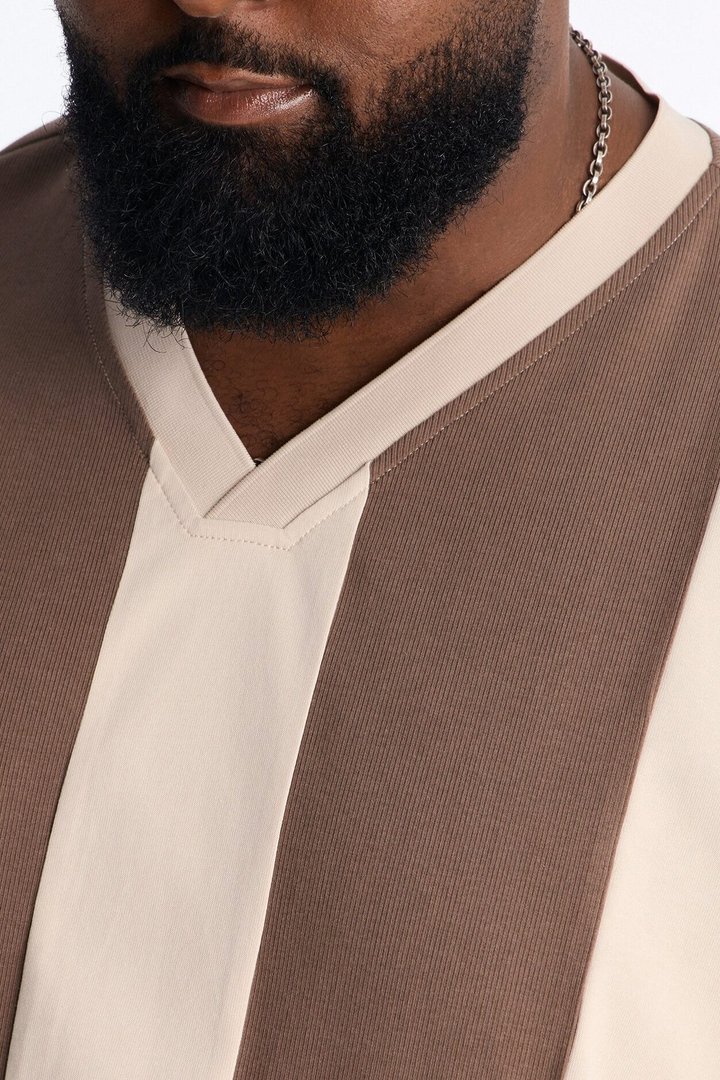 Loose Fit Ribbed Panel Jersey - Brown/combo