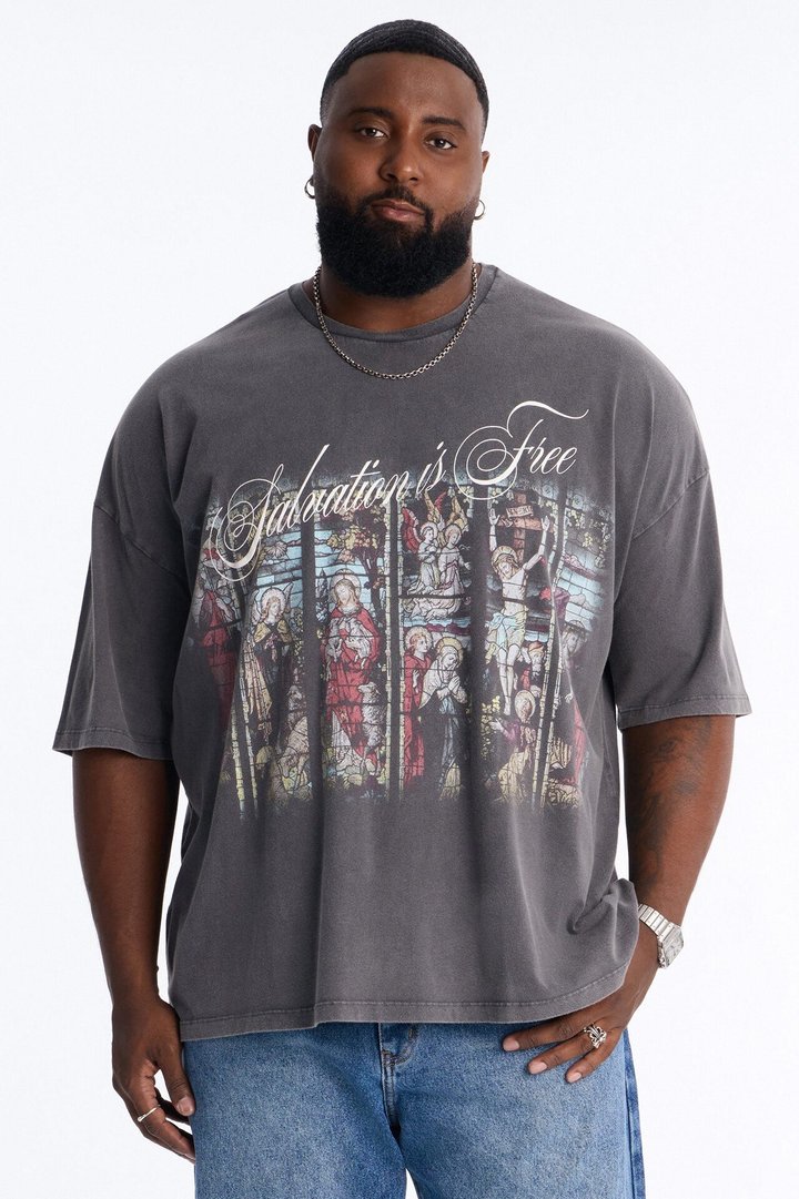 Salvation Is Free Oversized Short Sleeve Tee - Black Wash