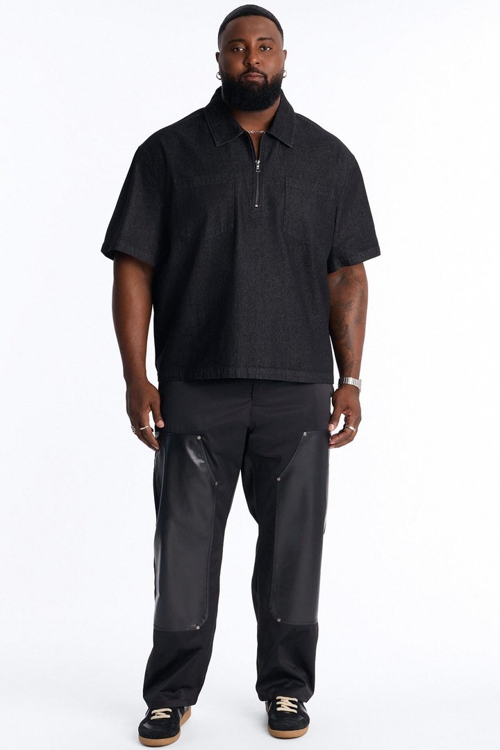 Boxy Marion Denim Quarter Zip Polo - Black