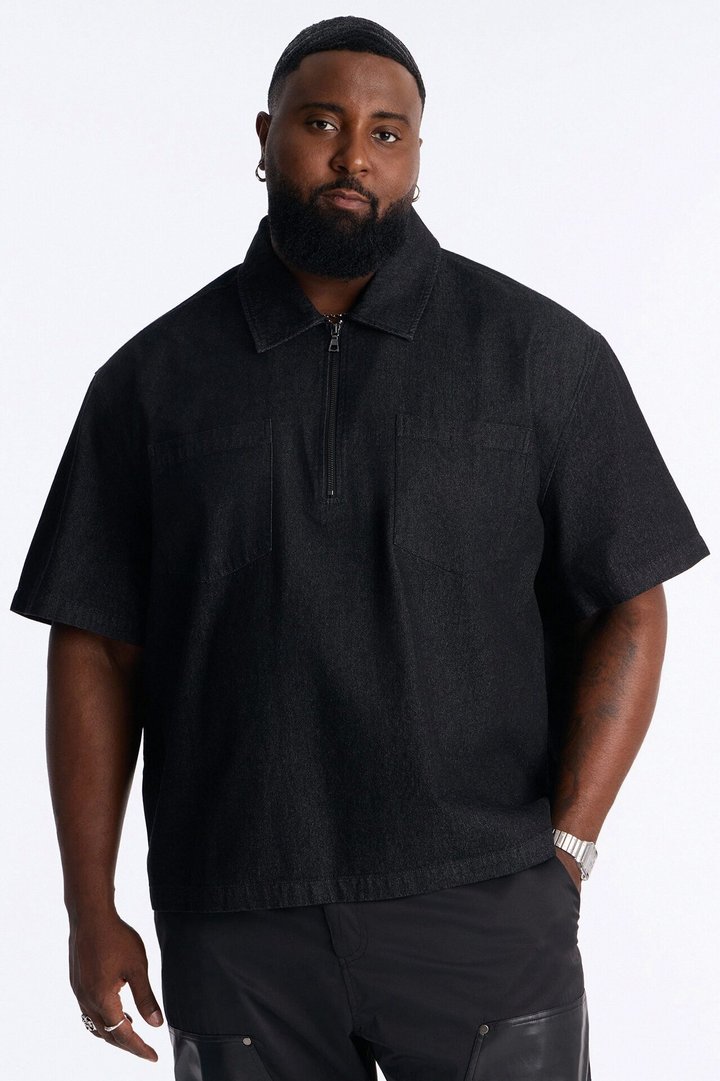 Boxy Marion Denim Quarter Zip Polo - Black