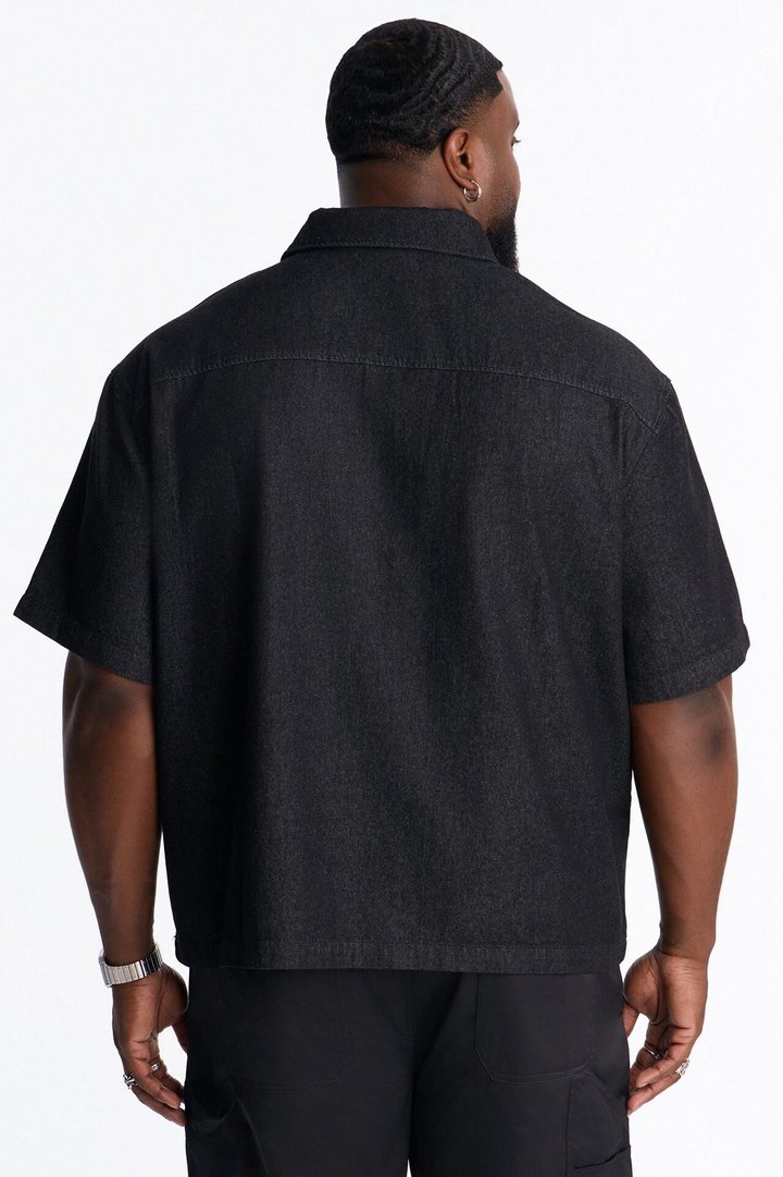 Boxy Marion Denim Quarter Zip Polo - Black