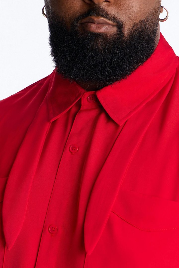 Relaxed Luxe Neckerchief Button Up Shirt - Red