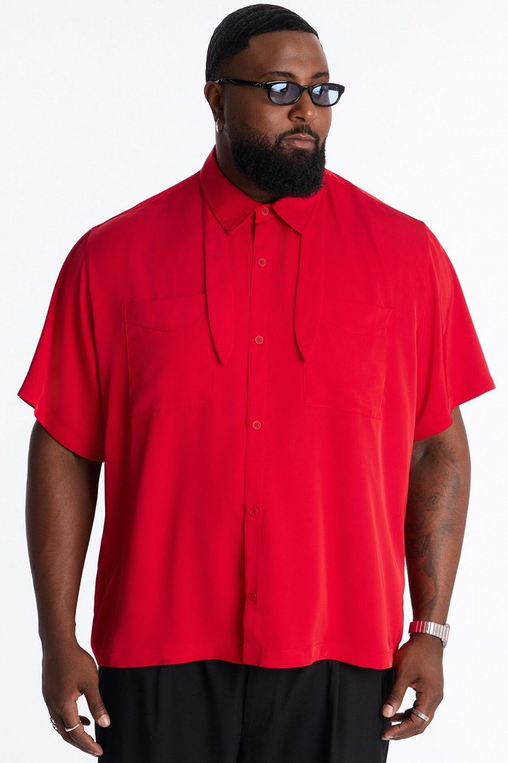 Relaxed Luxe Neckerchief Button Up Shirt - Red