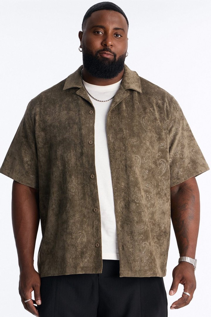 Field of Paisley Cuban Collar Button Up Shirt - Olive