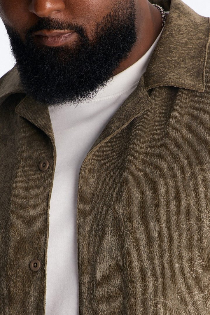 Field of Paisley Cuban Collar Button Up Shirt - Olive