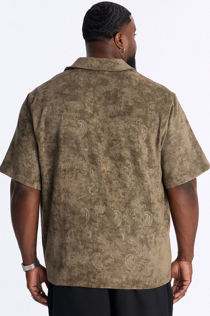 Field of Paisley Cuban Collar Button Up Shirt - Olive