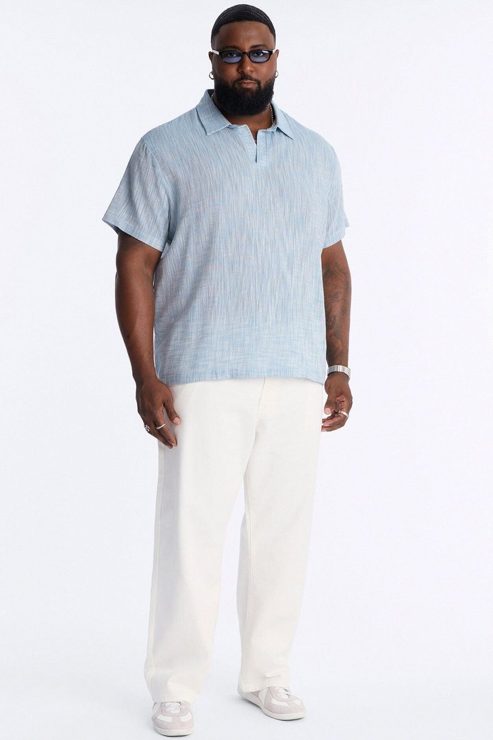 Slub Texture Johnny Collar Polo - Blue