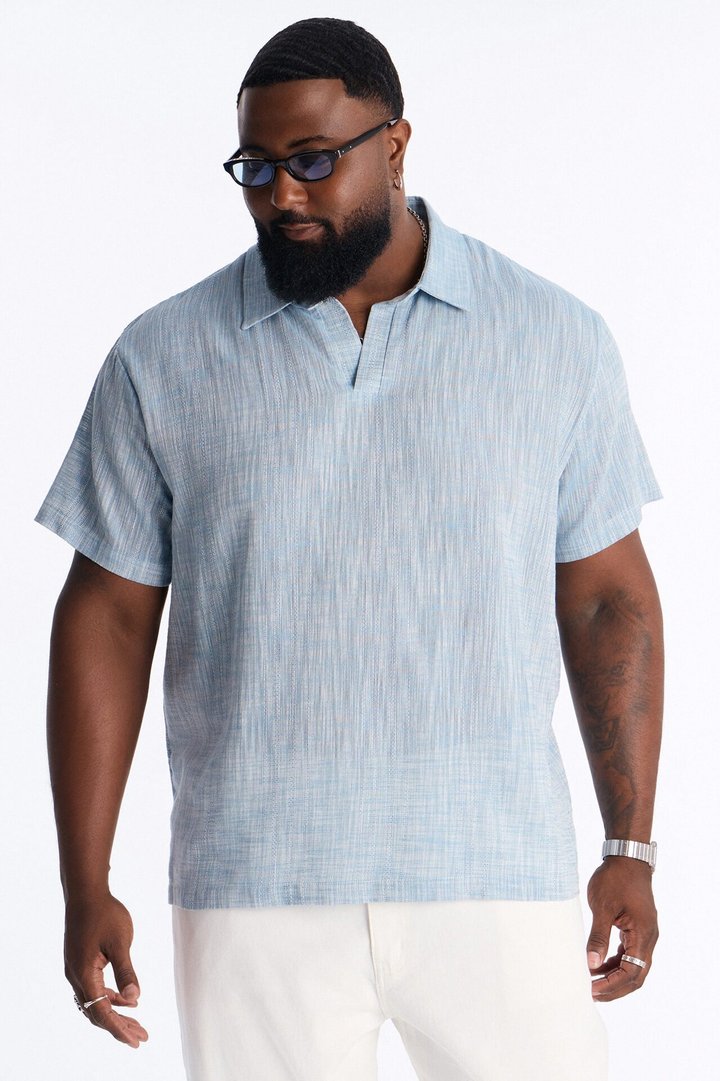 Slub Texture Johnny Collar Polo - Blue