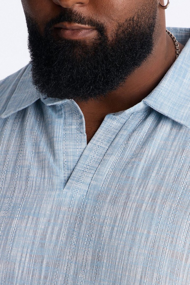 Slub Texture Johnny Collar Polo - Blue