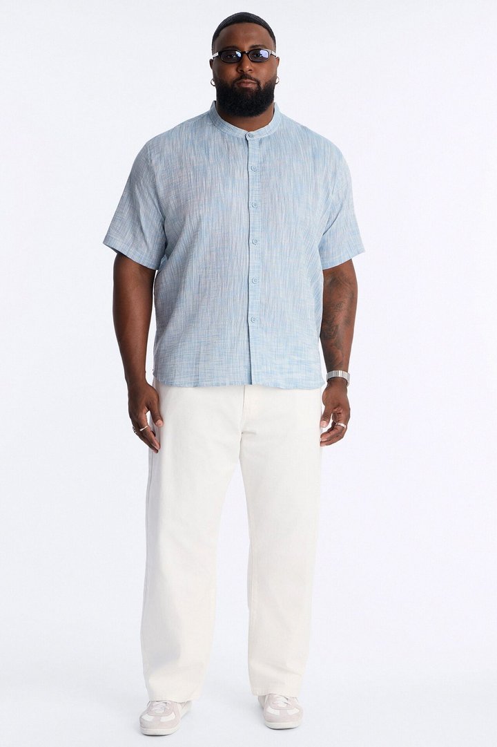 Slub Texture Cuban Collar Button Up Shirt - Blue