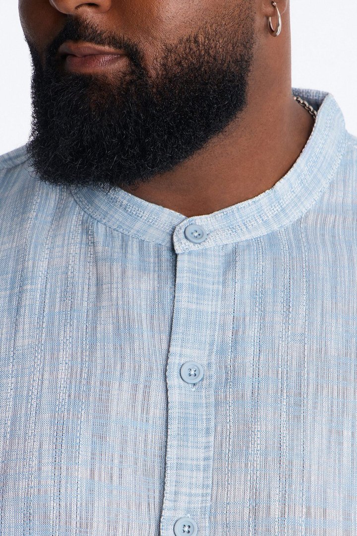 Slub Texture Cuban Collar Button Up Shirt - Blue