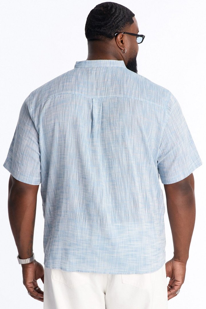 Slub Texture Cuban Collar Button Up Shirt - Blue