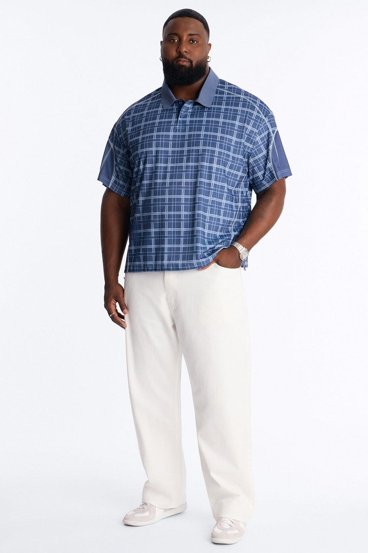 Downtown Plaid Relaxed Johnny Collar Polo - Navy