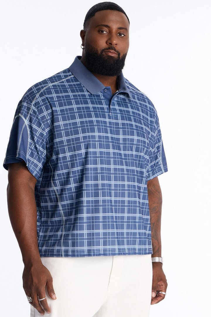 Downtown Plaid Relaxed Johnny Collar Polo - Navy