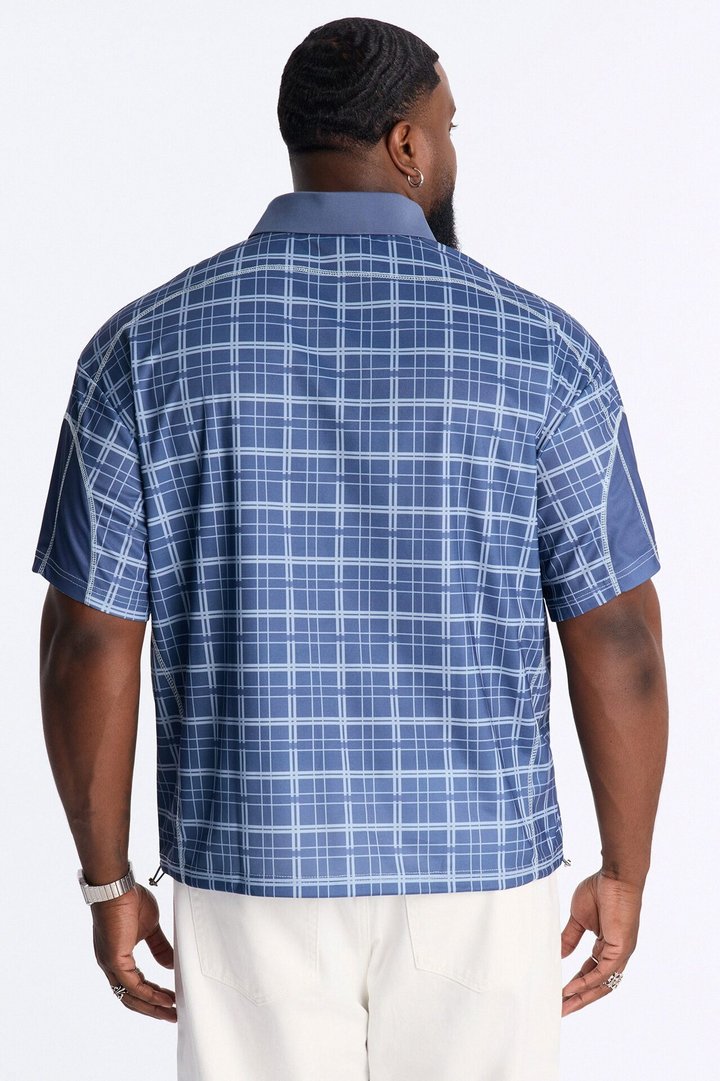 Downtown Plaid Relaxed Johnny Collar Polo - Navy