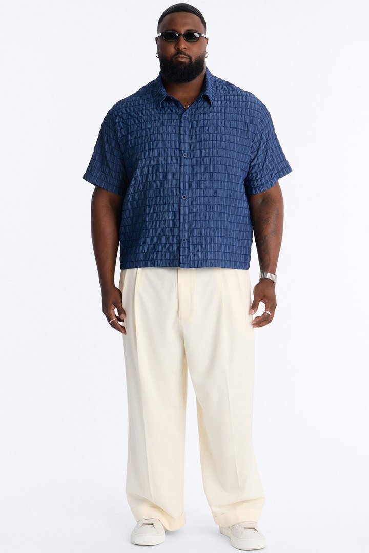 Dream Puff Cuban Collar Button Up Shirt - Navy/combo