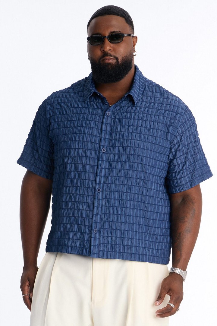 Dream Puff Cuban Collar Button Up Shirt - Navy/combo