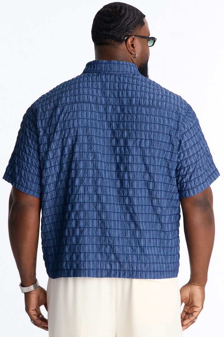 Dream Puff Cuban Collar Button Up Shirt - Navy/combo