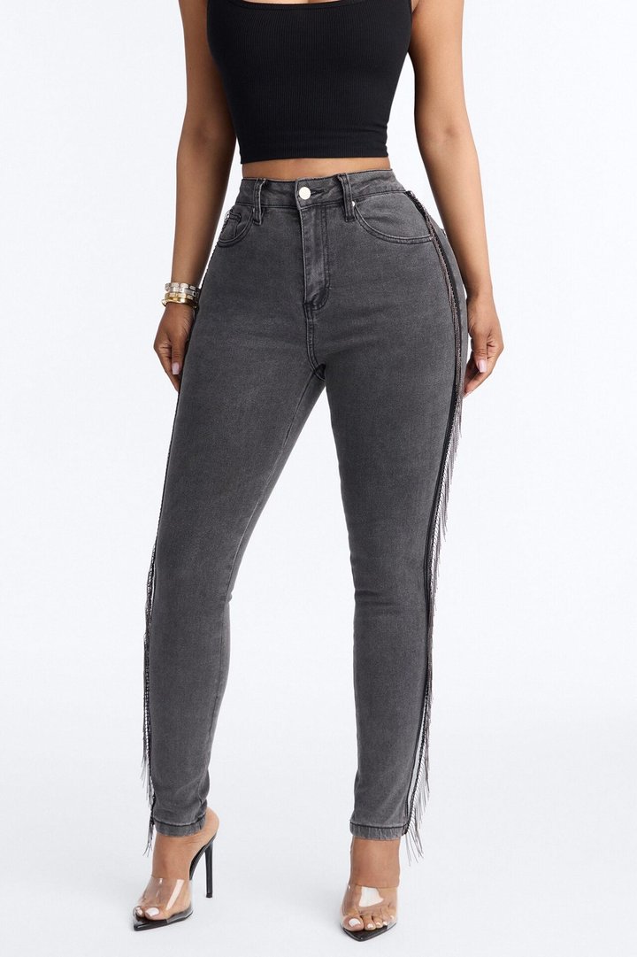 Social Club Fringe Stretch High Rise Skinny Jeans - Black Wash