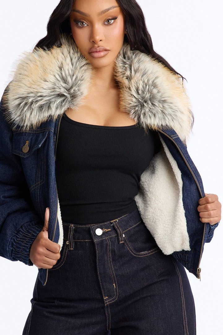 Méribel Faux Fur Denim Jacket - Dark Denim