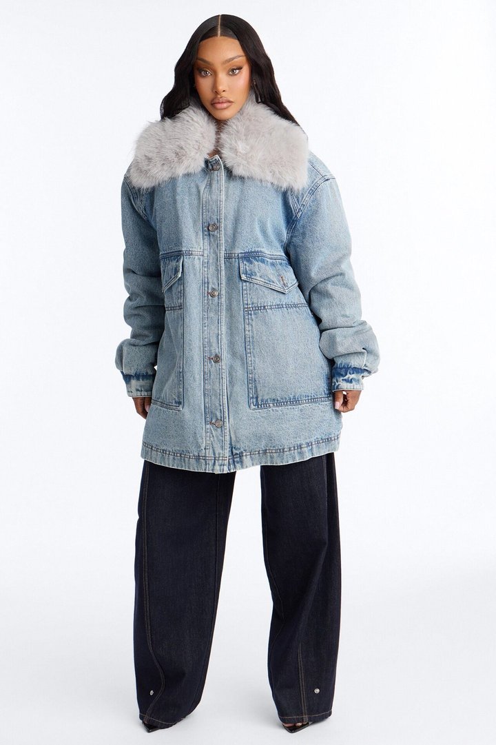 Park City Faux Fur Boyfriend Denim Jacket - Medium Wash
