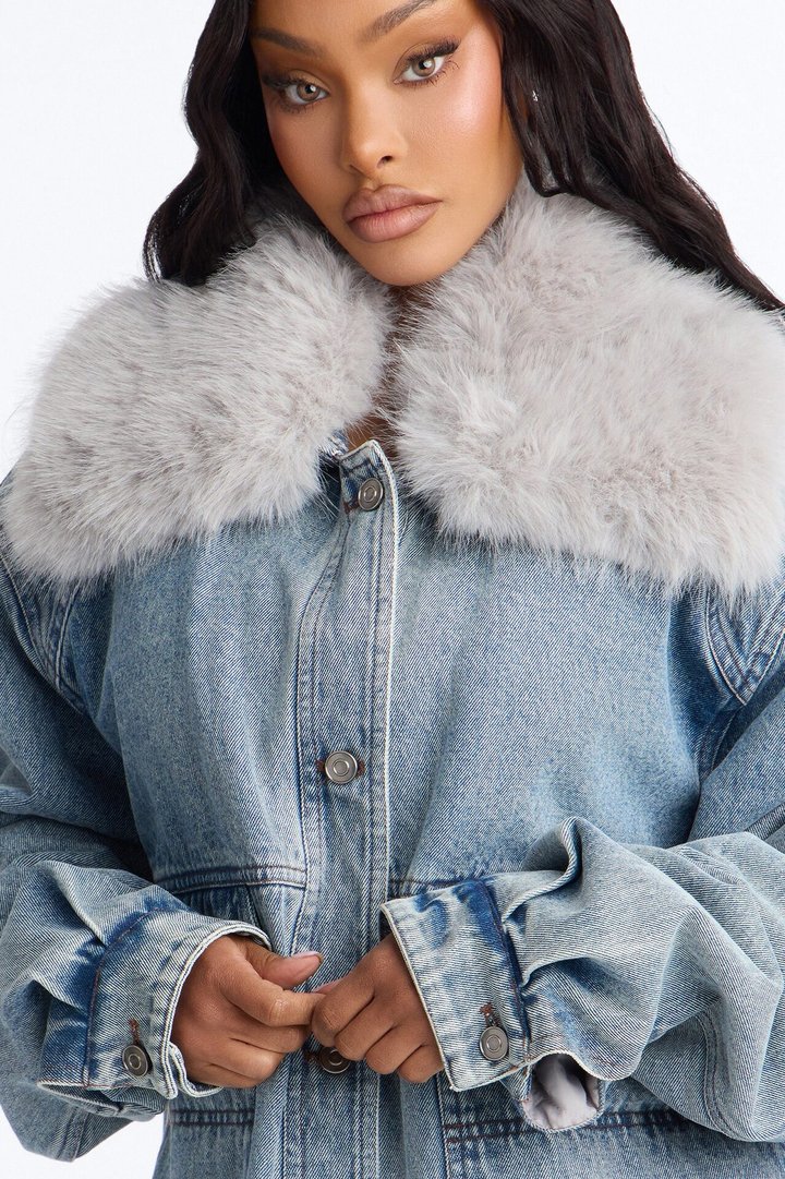 Park City Faux Fur Boyfriend Denim Jacket - Medium Wash