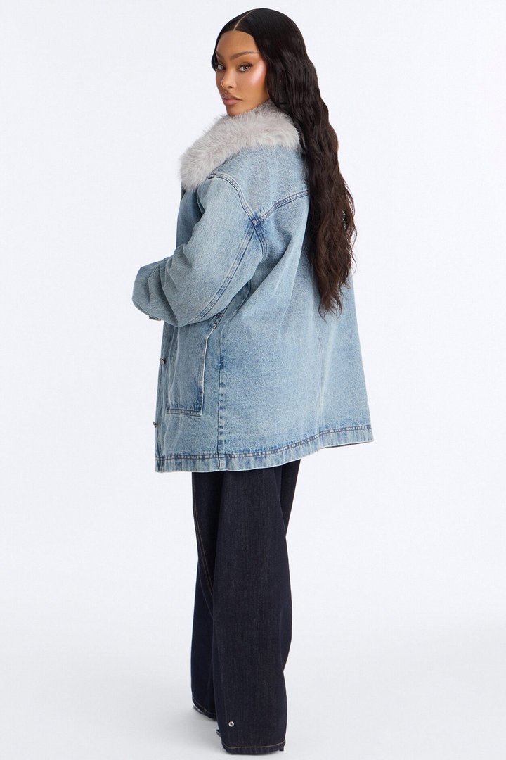 Park City Faux Fur Boyfriend Denim Jacket - Medium Wash