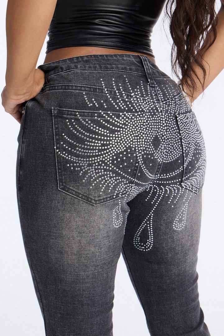 Watching You Rhinestone Embellished Low Rise Jeans - Black Wash