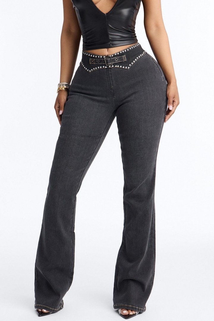 Take Me Backstage Studded Low Rise Bootcut Jeans - Black Wash