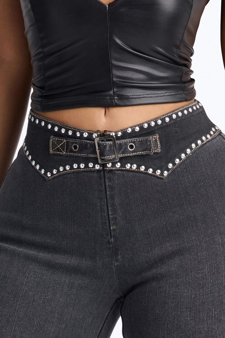 Take Me Backstage Studded Low Rise Bootcut Jeans - Black Wash