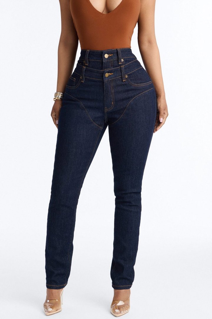Good Intention Double Waistband High Rise Skinny Jeans - Dark Denim
