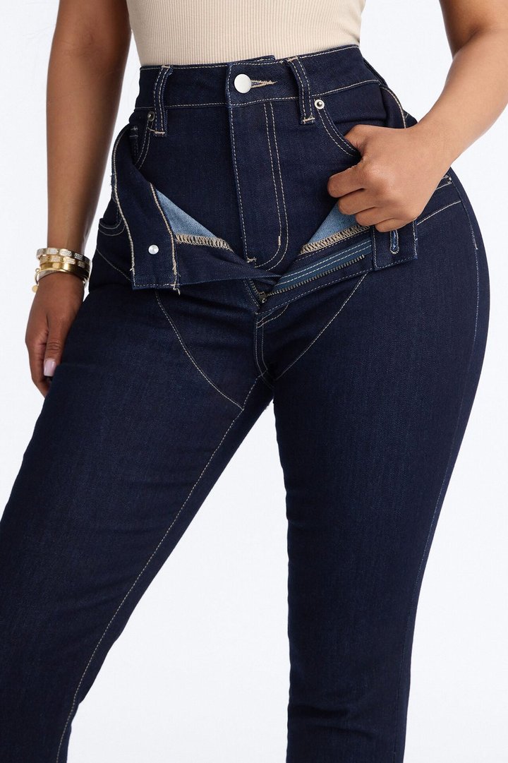Think Twice Double Waistband High Rise Stacked Skinny Jeans - Dark Denim