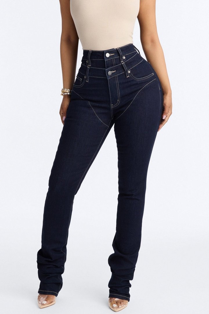 Think Twice Double Waistband High Rise Stacked Skinny Jeans - Dark Denim