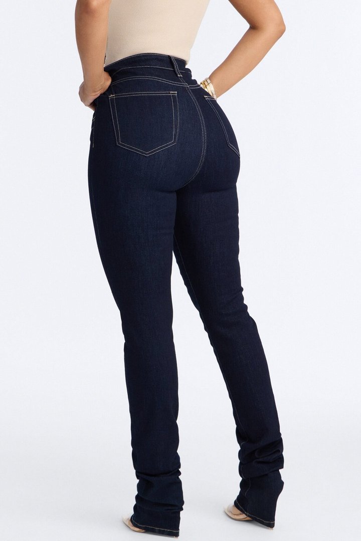 Think Twice Double Waistband High Rise Stacked Skinny Jeans - Dark Denim
