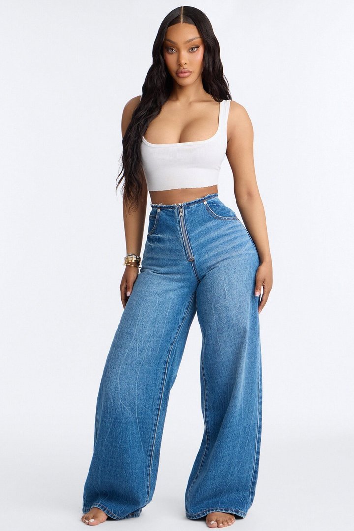 In My Dreams Cut Off Waistband Baggy Jeans - Medium Wash